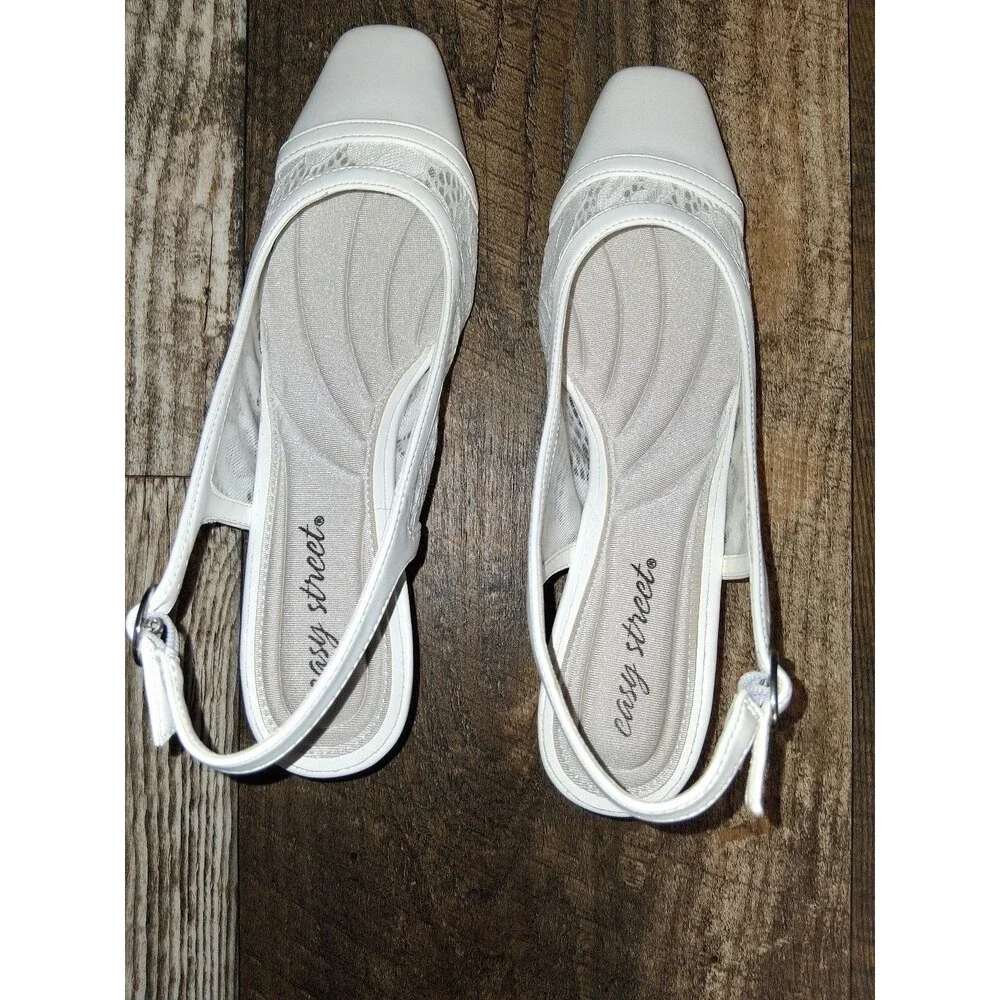 NEW! Women's Easy Street Fortune White Lace Square Toe Slingback Pumps, Size 7M